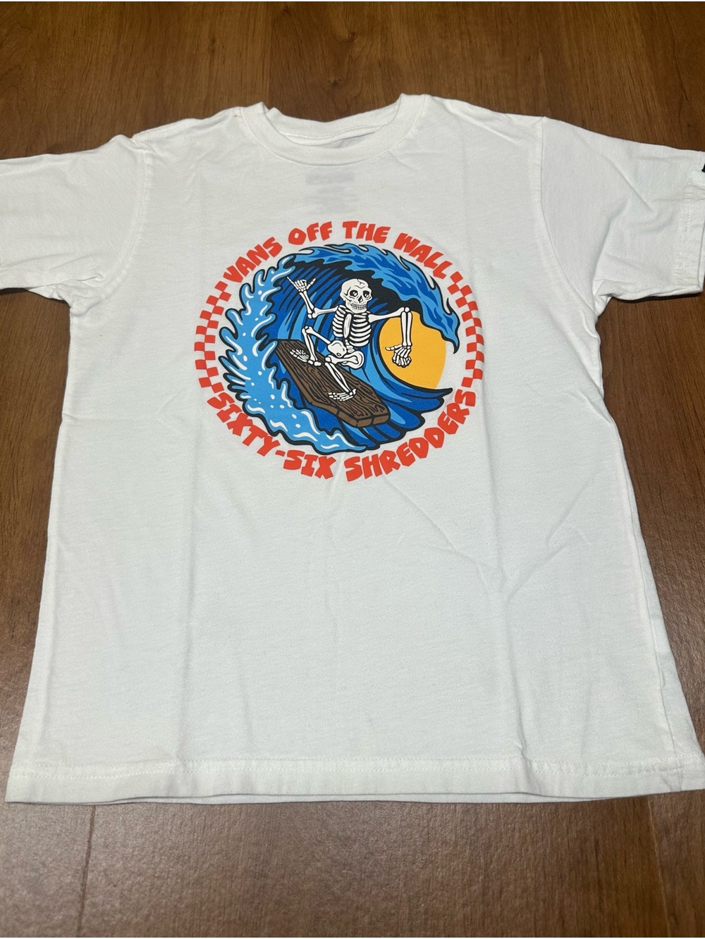 WVans White Kids Short Sleeve Tee with Blue Wave Skeleton Graphic